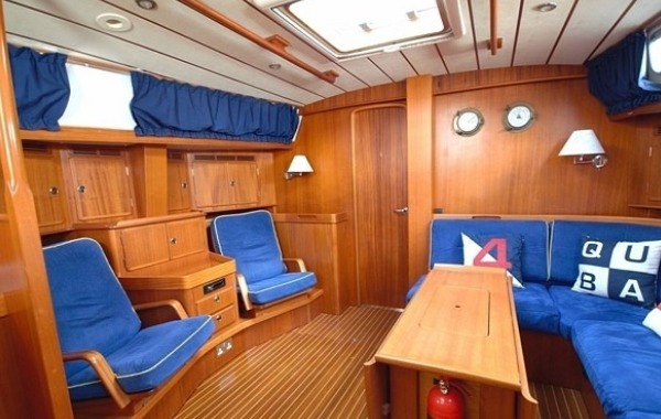 The impressive saloon area on board a Hallberg Rassy 53
